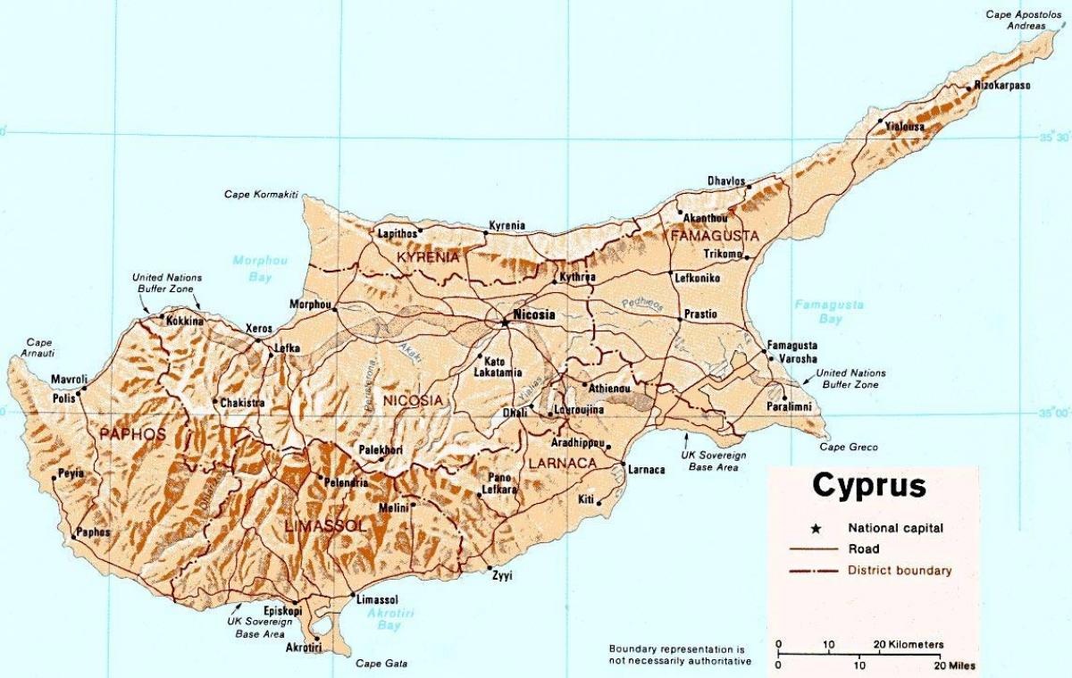 gedetailleerde kaart van die eiland Ciprus